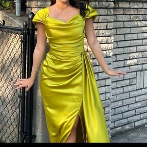 Lime green satin dress with slit and side detail